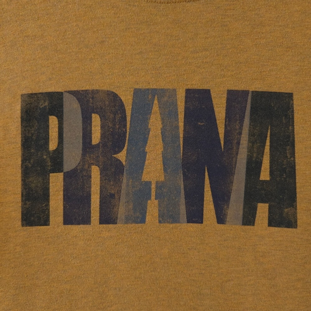 prAna Lock Tee Shirt Men Medium Yellow Crew Neck Graphic Hiking Outdoors Gorpore - Picture 9 of 12